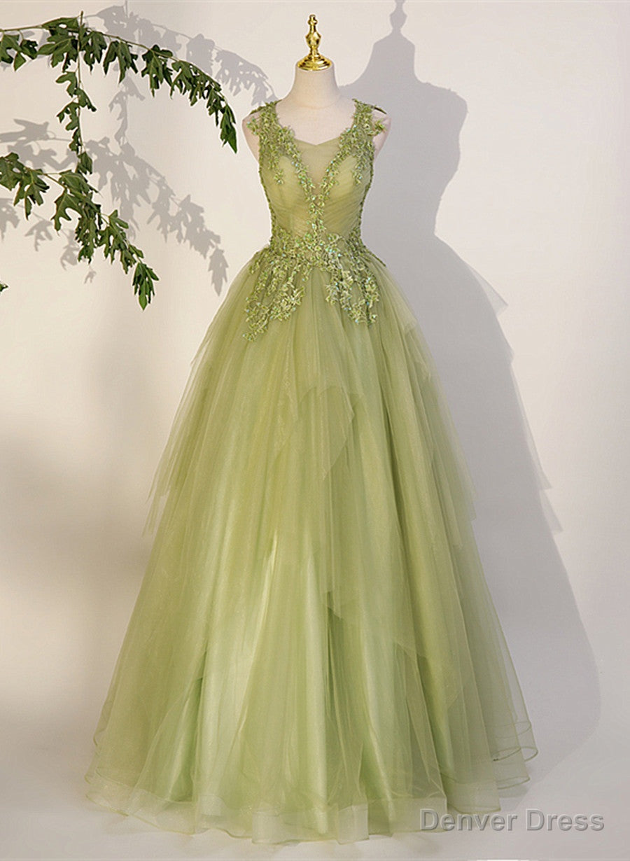 Light Green A-line Tulle with Lace Applique Prom Dress, Green Formal Dress Main image