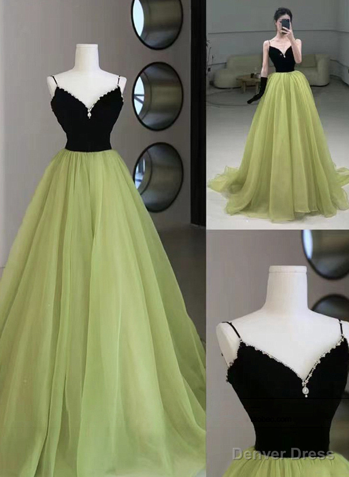 Light Green and Black Beaded Straps Long Prom Dress, Green Tulle Prom Dress
