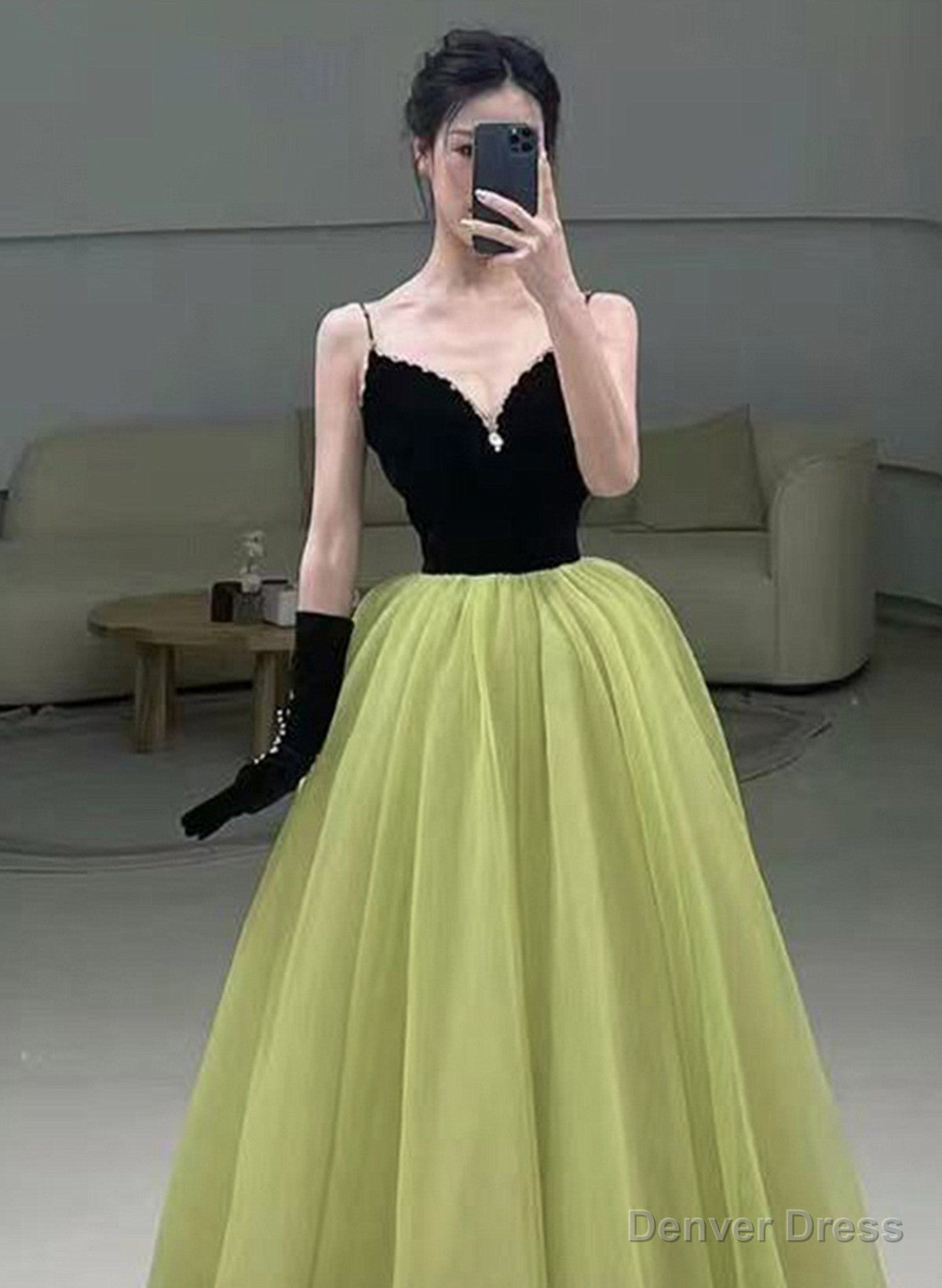 Light Green and Black Beaded Straps Long Prom Dress, Green Tulle Prom Dress