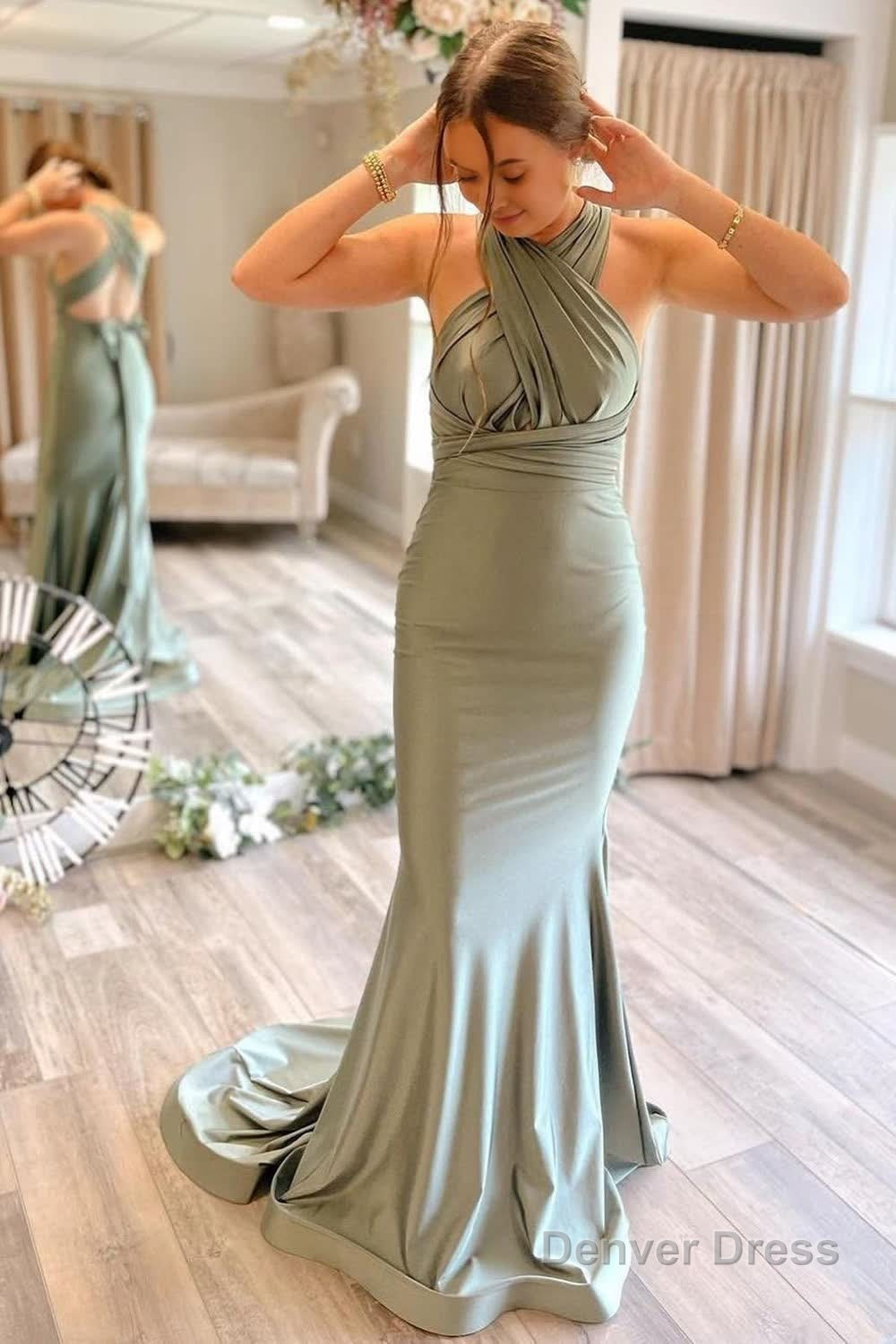 Light Green Convertible Satin Mermaid Prom Bridesmaid Dress Main image