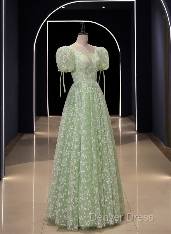 Light Green Floral V Neckline Short Sleeves Prom Dress, A Line Green Prom Dresses