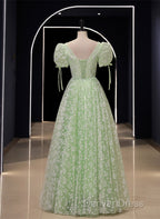 Light Green Floral V Neckline Short Sleeves Prom Dress, A Line Green Prom Dresses