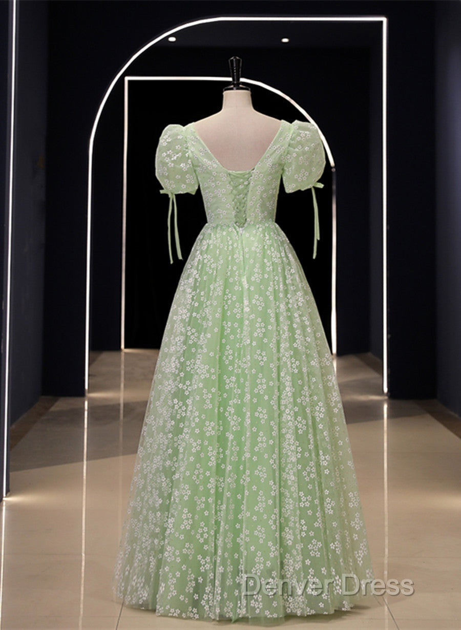 Light Green Floral V Neckline Short Sleeves Prom Dress, A Line Green Prom Dresses