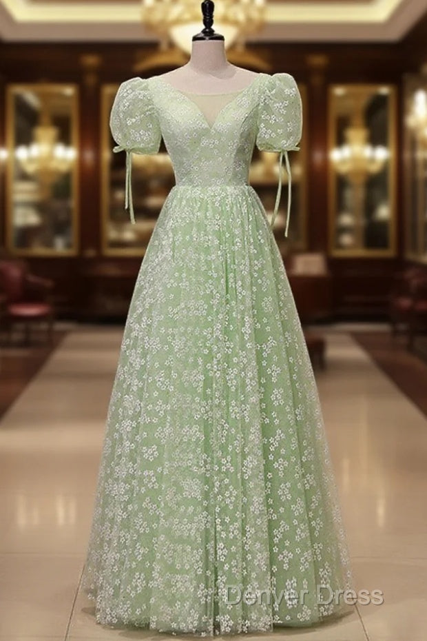 Light Green Floral V Neckline Short Sleeves Prom Dress, A Line Green Prom Dresses Main image