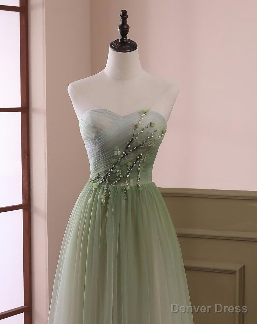 Light Green Gradient Tulle Long Prom Dress, Green Beaded Sweetheart Prom Dresses