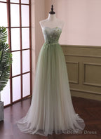 Light Green Gradient Tulle Long Formal Dress, Green Beaded Sweetheart Prom Dresses