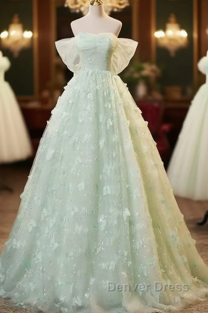 Light Green Lace Sweetheart Long Formal Dresses Prom Dresses Off Shoulder A Line Floor Length Beautiful Main image