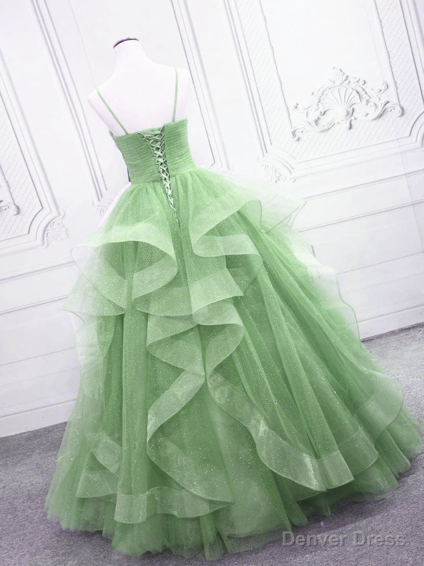 Light Green Layers Tulle Straps Long Prom Dresses, Light Green Sweet 16 Gowns