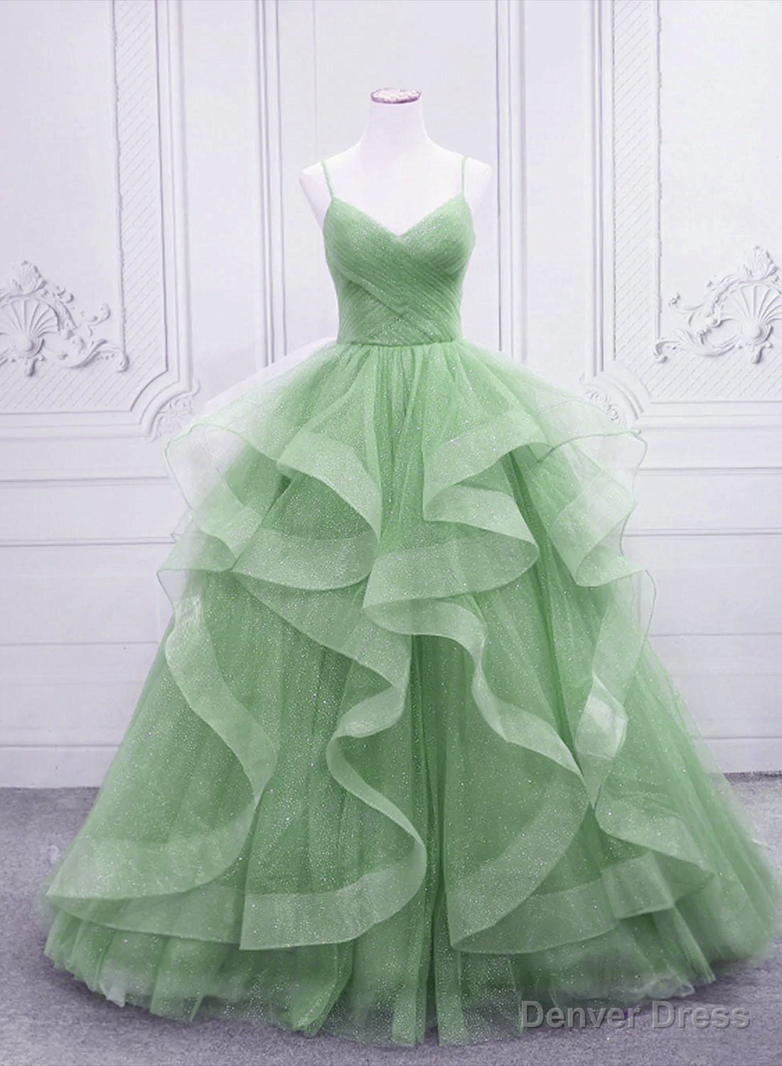 Light Green Layers Tulle Straps Long Formal Dress, Light Green Sweet 16 Gown