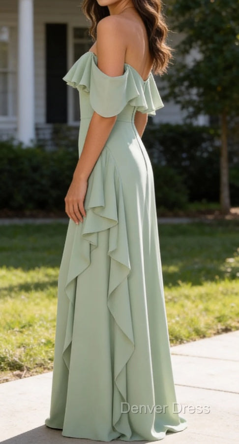 Light Green Mermaid Off the Shoulder Ruffled Bridesmaid Dresses with Slit