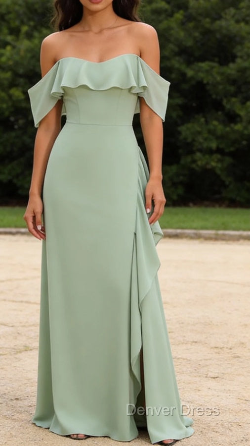 Light Green Mermaid Off the Shoulder Ruffled Bridesmaid Dresses with Slit