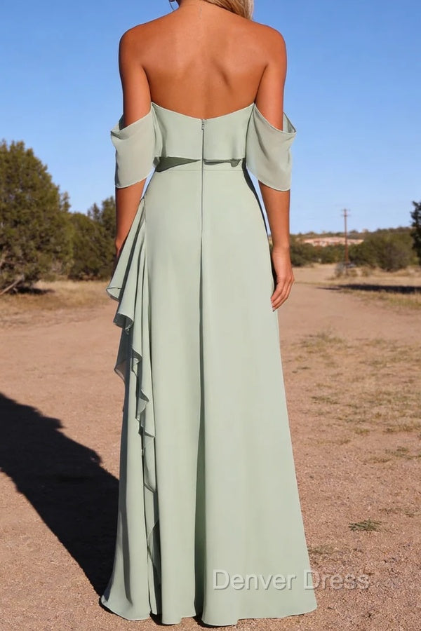 Light Green Mermaid Off the Shoulder Ruffled Bridesmaid Dresses with Slit