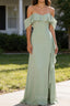 Light Green Mermaid Off the Shoulder Ruffled Bridesmaid Dresses with Slit