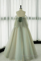 Light Green Off Shoulder Tulle Long Prom Dresses A-Line Green Party Dresses