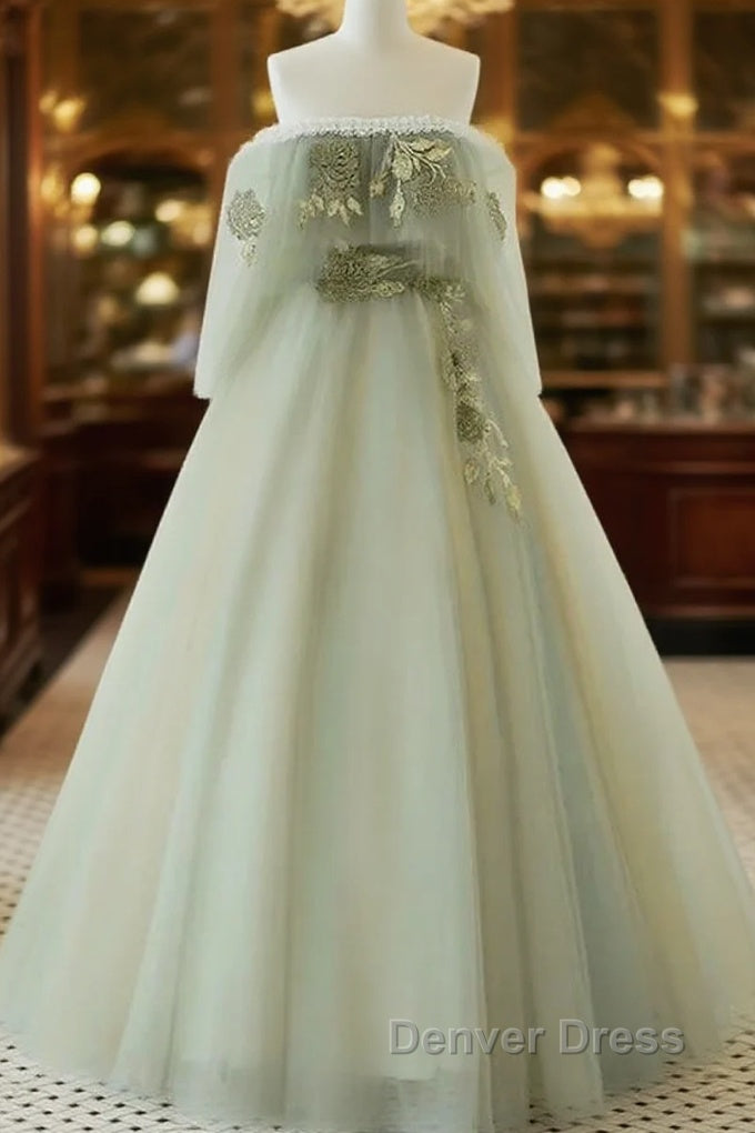 Light Green Off Shoulder Tulle Long Prom Dresses A-Line Green Party Dresses Main image