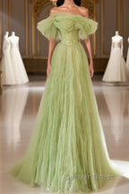 Light Green Prom Dresses A Line Off the Shoulder Long Party Evening Dresses