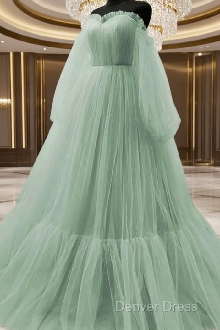 Light Green Puffy Sleeves Tulle Long Formal Dresses, Light Green Prom Dresses Main image