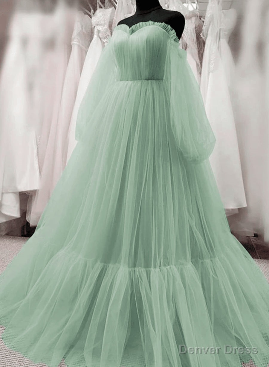 Light Green Puffy Sleeves Tulle Long Party Dress Green Evening Dress prom dresses shops Main image