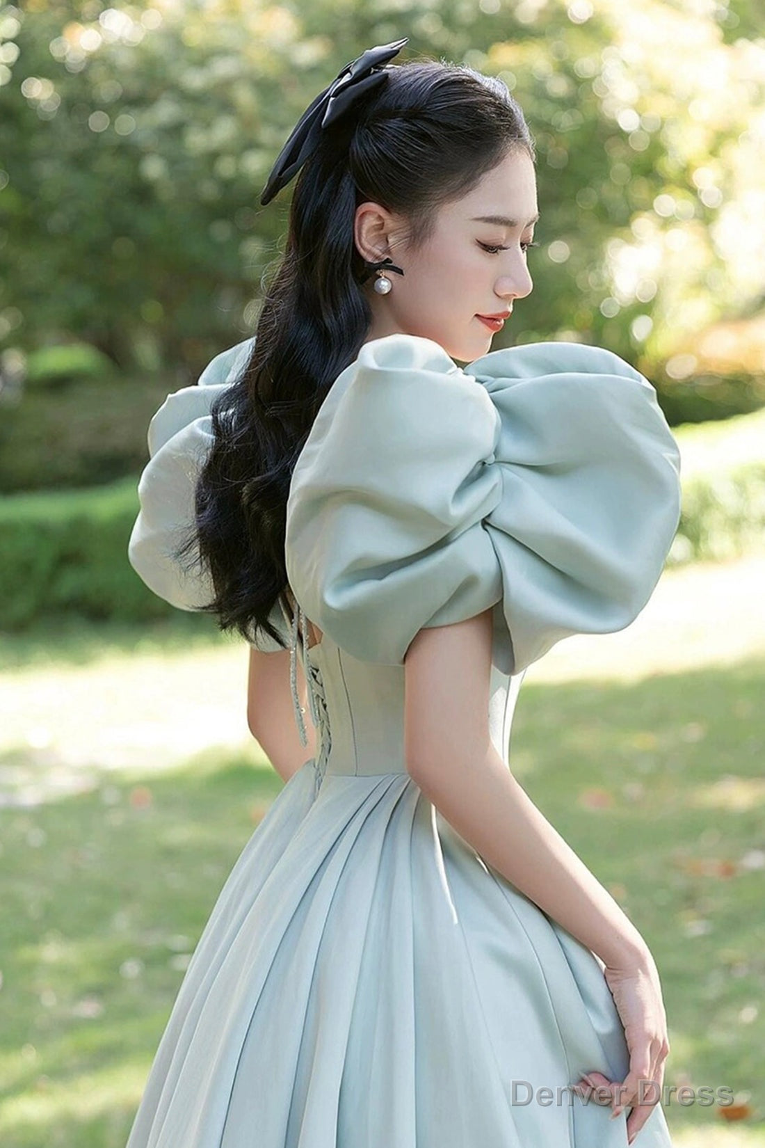 Light Green Satin Long A Line Princess Dress, Cute Short Puff Sleeves Prom Dresses