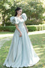 Light Green Satin Long A Line Princess Dress, Cute Short Puff Sleeves Prom Dresses