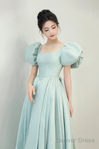 Light Green Satin Long A-Line Prom Dress, Cute Short Sleeve Evening Dress