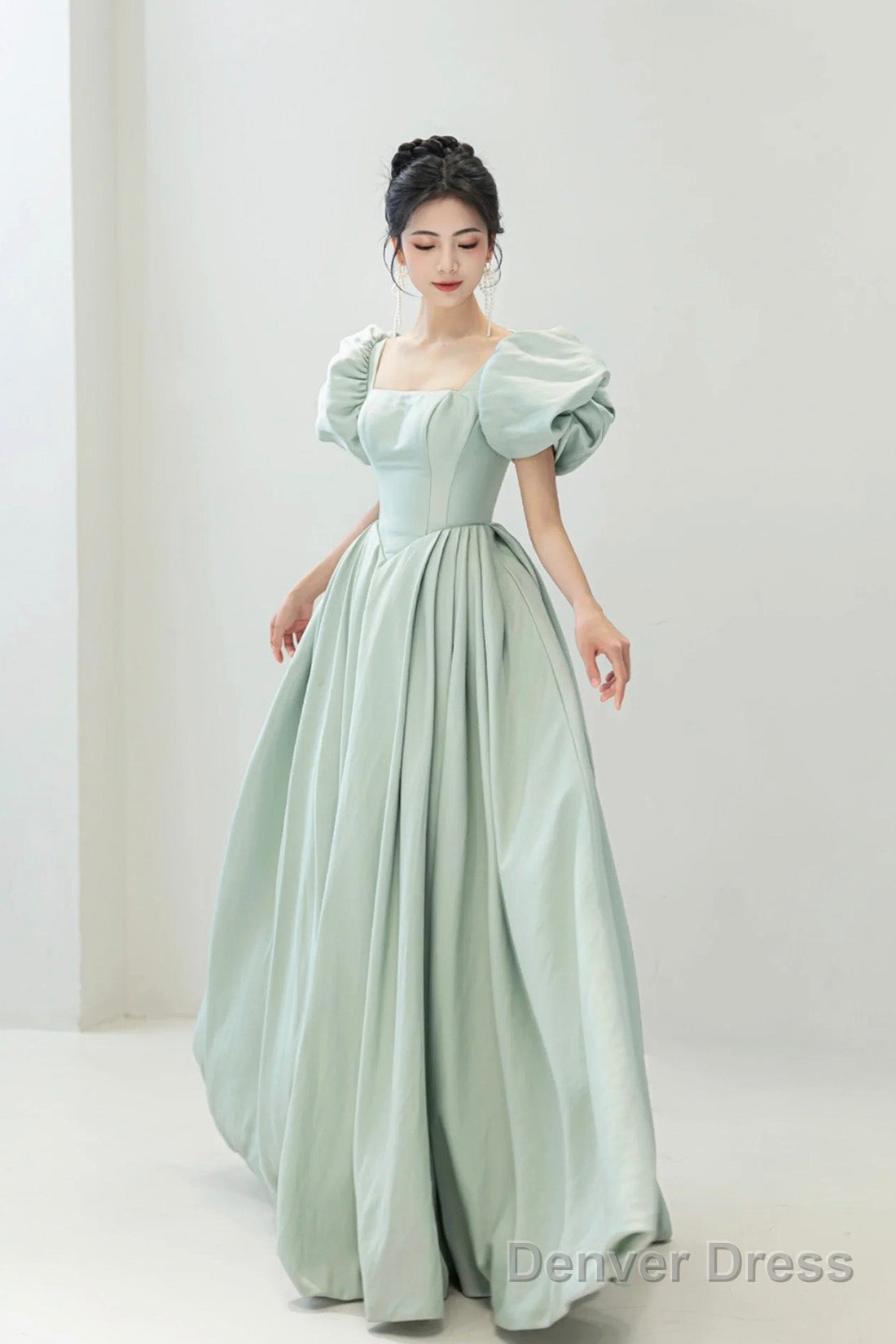 Light Green Satin Long A-Line Prom Dress, Cute Short Sleeve Evening Dress Main image
