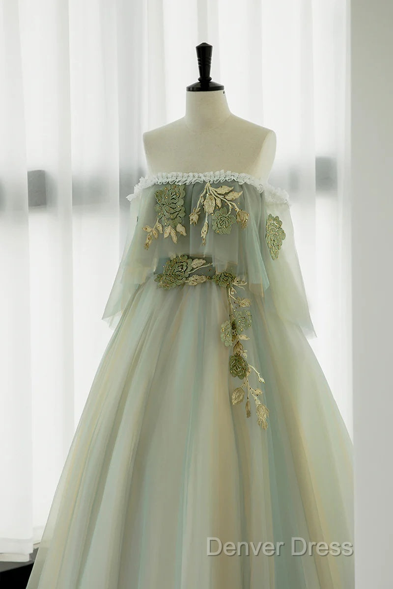 Light Green Scoop Off Shoulder A-Line Tulle Prom Dresses, Light Green Evening Dresses Secondary image