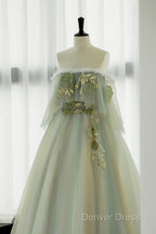 Light Green Scoop Off Shoulder A-Line Tulle Prom Dresses, Light Green Evening Dresses