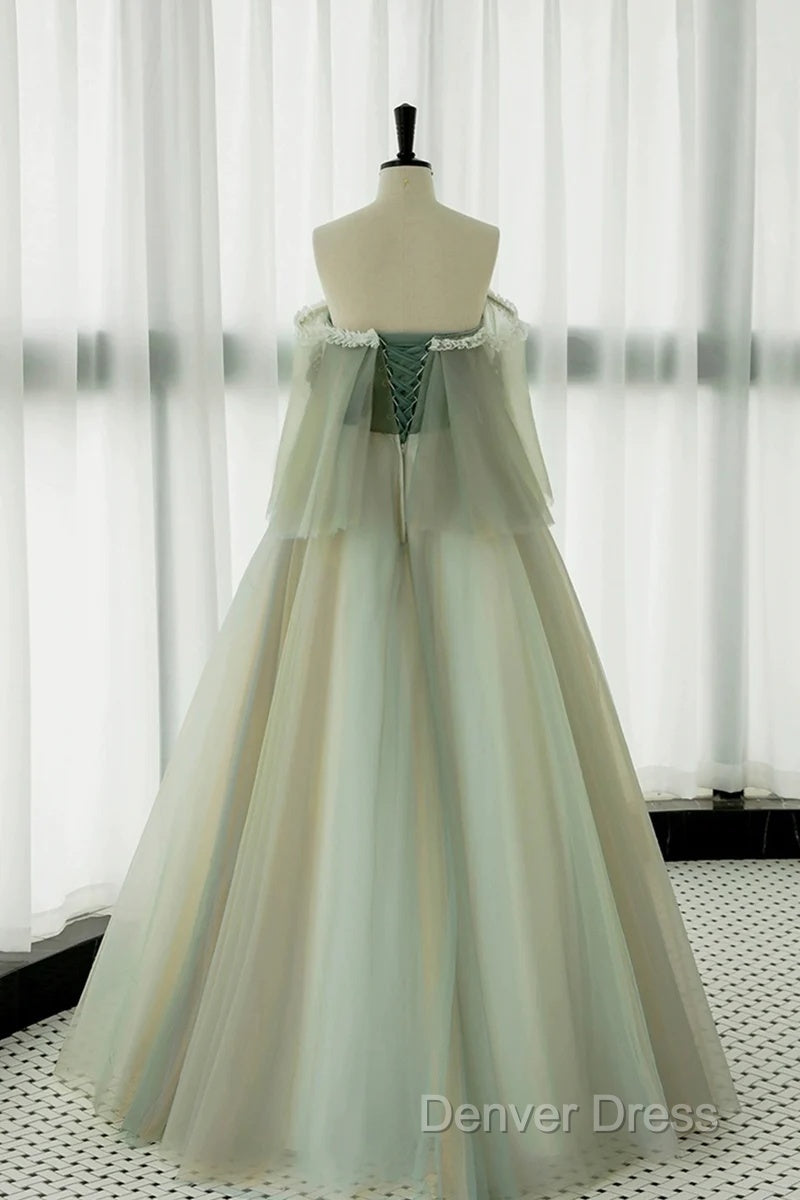 Light Green Scoop Off Shoulder A-Line Tulle Prom Dresses, Light Green Evening Dresses