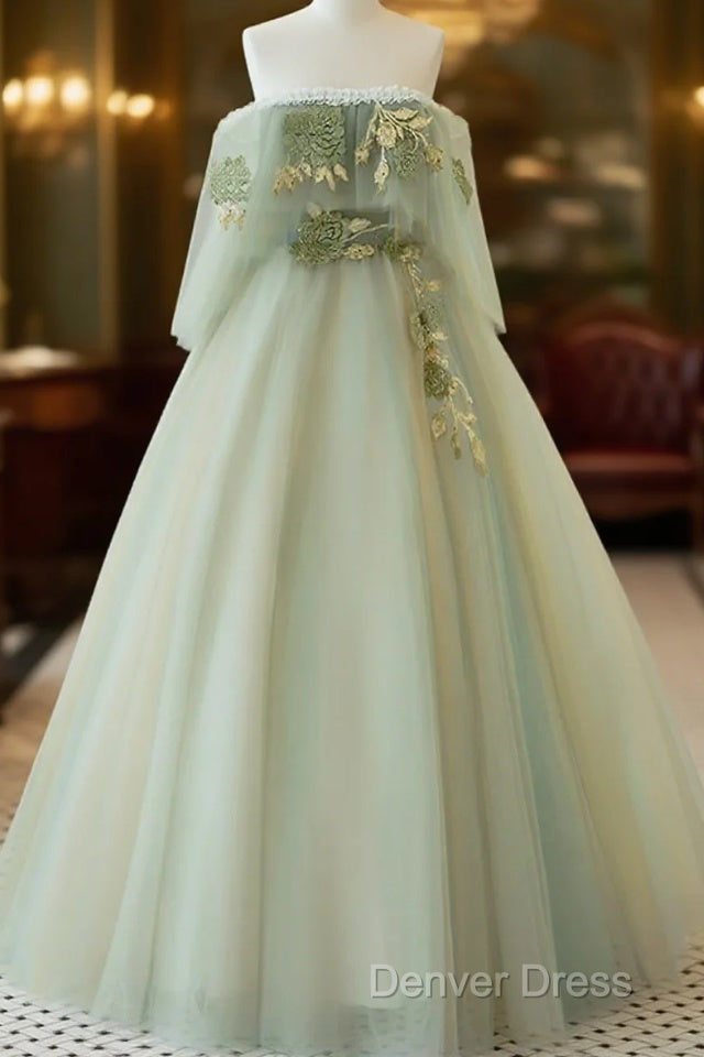 Light Green Scoop Off Shoulder A-Line Tulle Prom Dresses, Light Green Evening Dresses Main image
