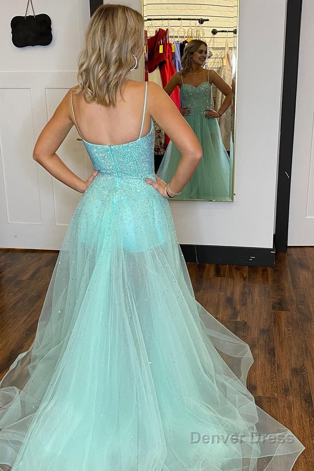 Light Green Sequined Spaghetti Straps A-Line Prom Dress Secondary image