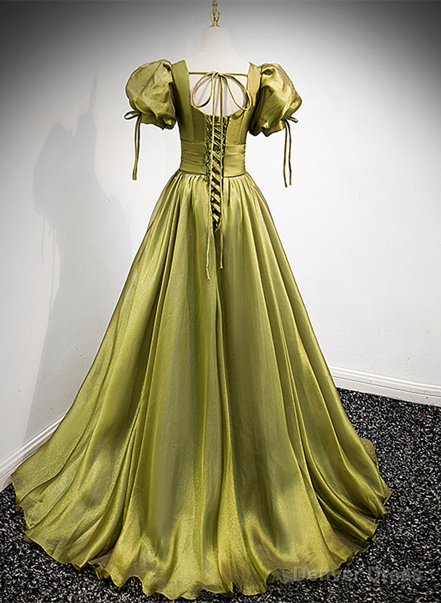 Light Green Short Sleeves Long A-line Prom Dress, Green Lace-up Party Dress Main image