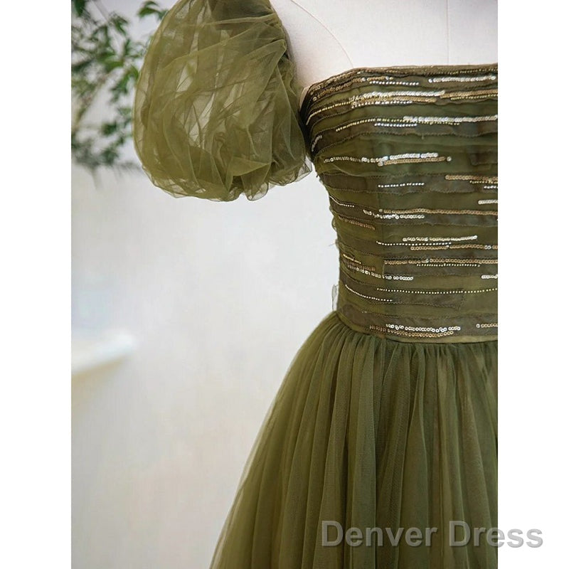 Light Green Short Sleeves Tulle Sequins Long Junior Prom Dress, Green Party Dresses Secondary image