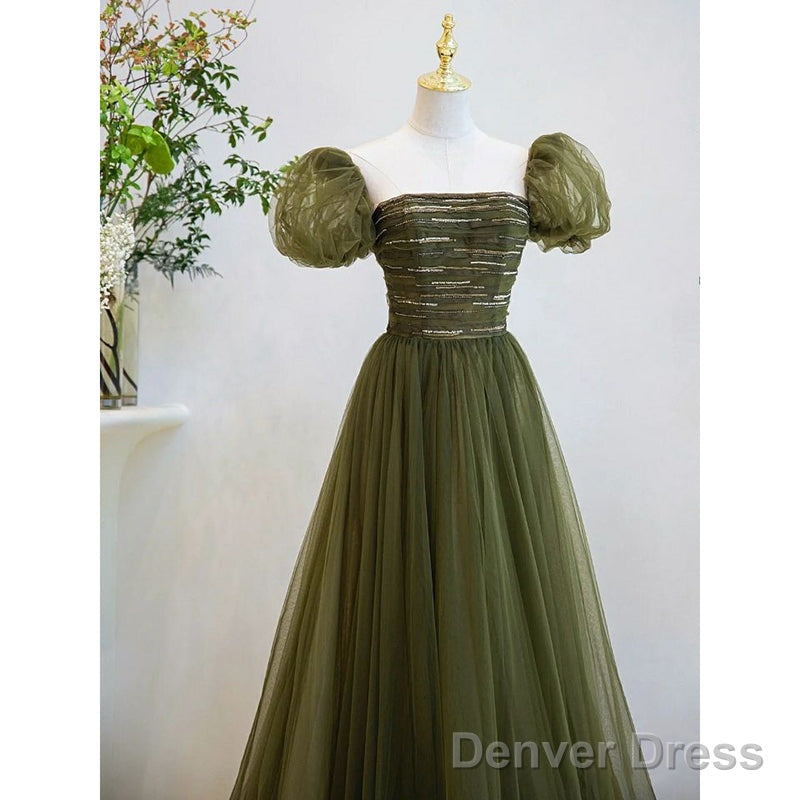 Light Green Short Sleeves Tulle Sequins Long Junior Prom Dress, Green Party Dresses