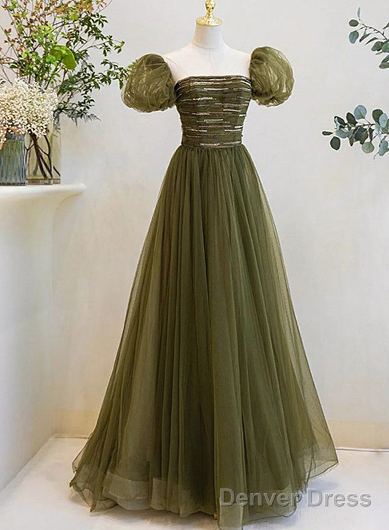 Light Green Short Sleeves Tulle Sequins Long Junior Prom Dress, Green Party Dresses Main image