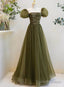 Light Green Short Sleeves Tulle Sequins Long Junior Prom Dress, Green Party Dresses