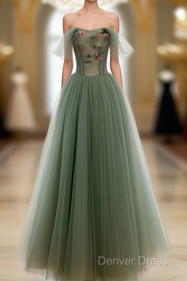 Light Green Sweetheart A-Line Prom Dresses, Green Long Party Dresses With Lace Applique Main image