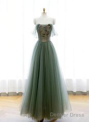 Light Green Sweetheart A-Line Prom Dress, Green Long Party Dress With Lace Applique