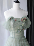 Light Green Sweetheart Beaded And Flowers Prom Dress, Tulle Green Prom Dresses