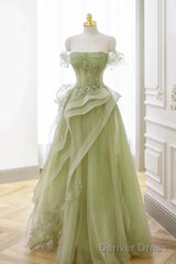 Light Green Sweetheart Beaded Off Shoulder Party Dress, Light Green Tulle Prom Dress
