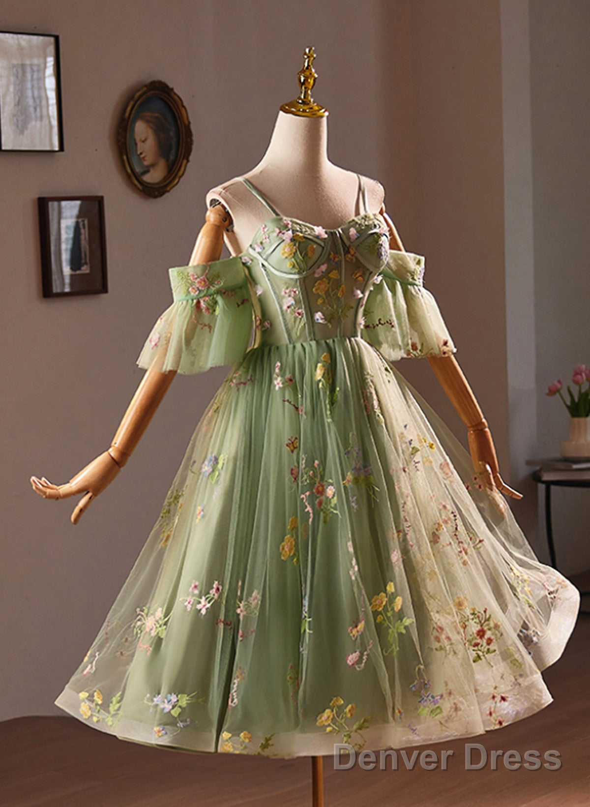 Light Green Sweetheart Tulle Floral Homecoming Dress, Green Short Prom Dresses Secondary image