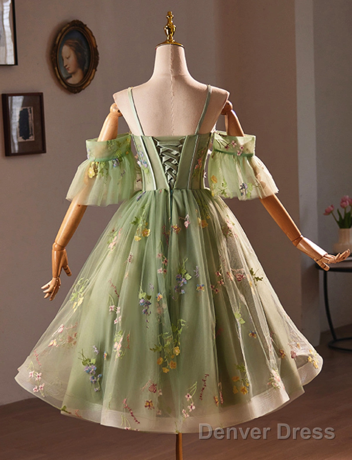 Light Green Sweetheart Tulle Floral Homecoming Dress, Green Short Prom Dresses