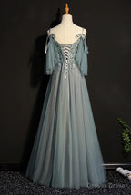 Light Green Tulle A Line Off Shoulder Prom Dress, Long Prom Dresses