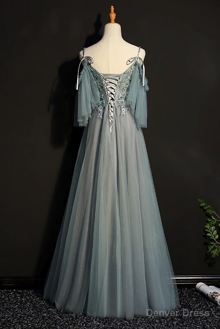 Light Green Tulle A Line Off Shoulder Prom Dress, Long Prom Dresses