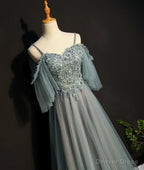 Light Green Tulle A Line Off Shoulder Prom Dress, Long Prom Dresses