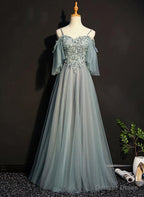 Light Green Tulle A Line Off Shoulder Prom Dress, Long Prom Dresses