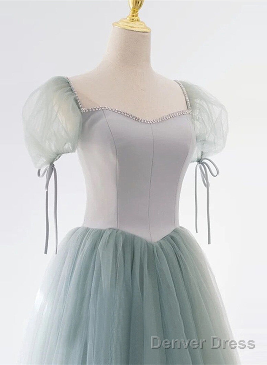 Light Green Tulle And Satin Beaded Long Prom Dress, A-Line Tulle Formal Dress