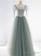 Light Green Tulle And Satin Beaded Long Prom Dress, A-Line Tulle Formal Dress