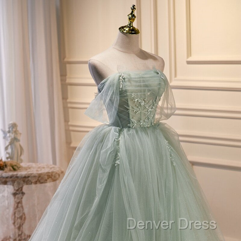 Light Green Tulle Beaded Ball Gowns Off Shoulder Prom Dress, Green Sweet 16 Dresses