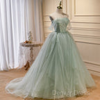 Light Green Tulle Beaded Ball Gowns Off Shoulder Prom Dress, Green Sweet 16 Dresses